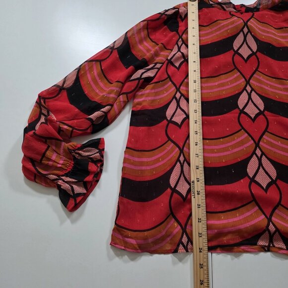 Rachel Zoe Top Womens M Multicolor Hearts Artsy Pullover Tie Neck Blouse LS Boho - Picture 7 of 16